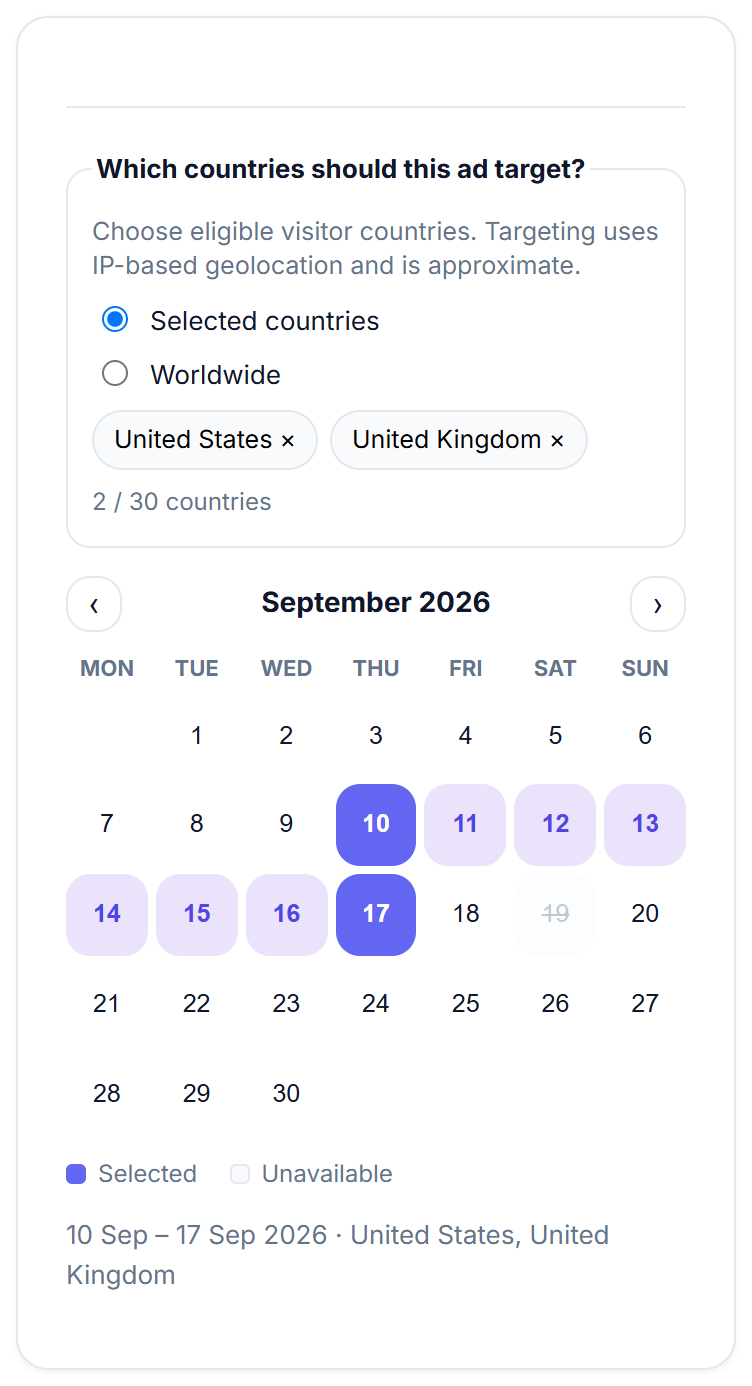 Booking calendar with selected dates and country targeting chips.