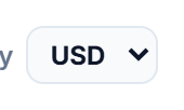 Header display currency selector showing USD, EUR, GBP and other ISO codes.