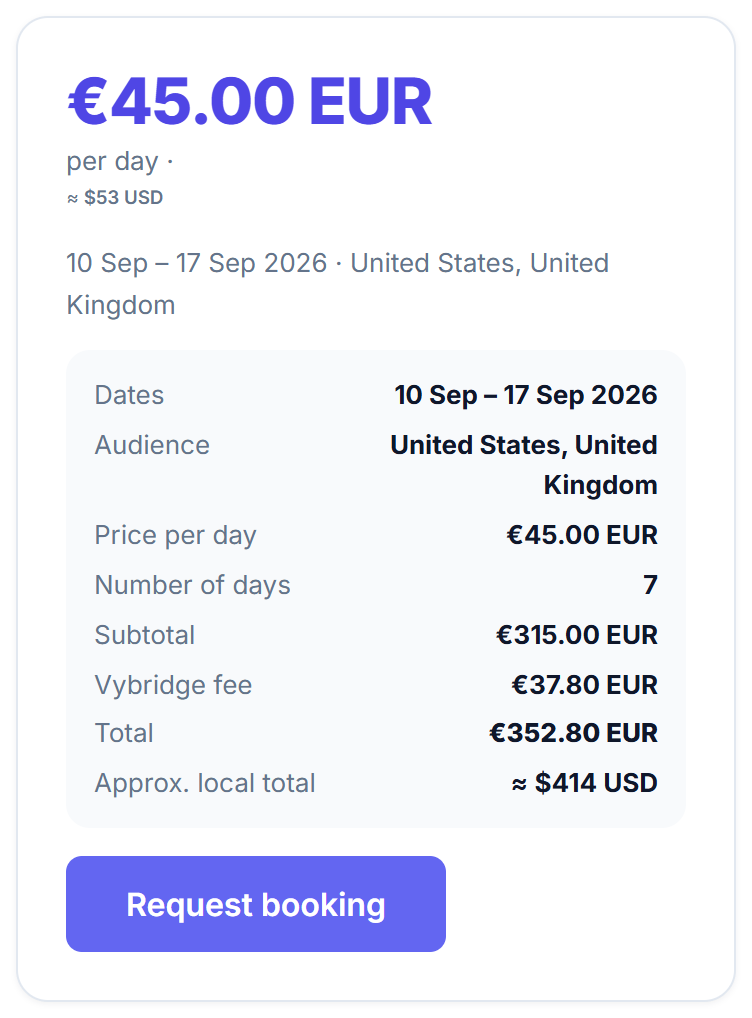 Fixed Price booking panel with EUR quote and fee breakdown.