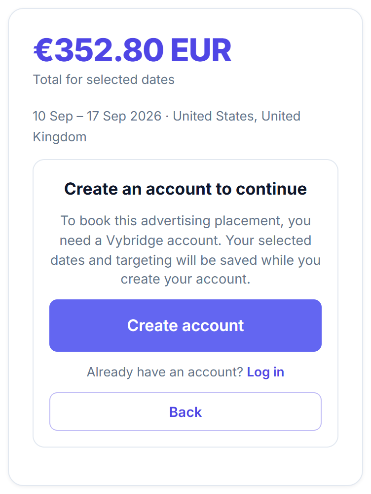 Create an account to continue gate with saved booking selections.
