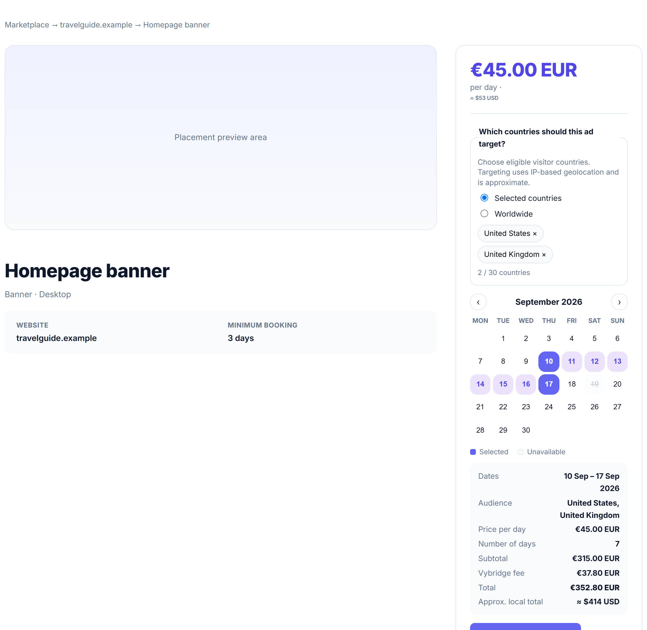 A listing page showing an advertising placement and booking panel.