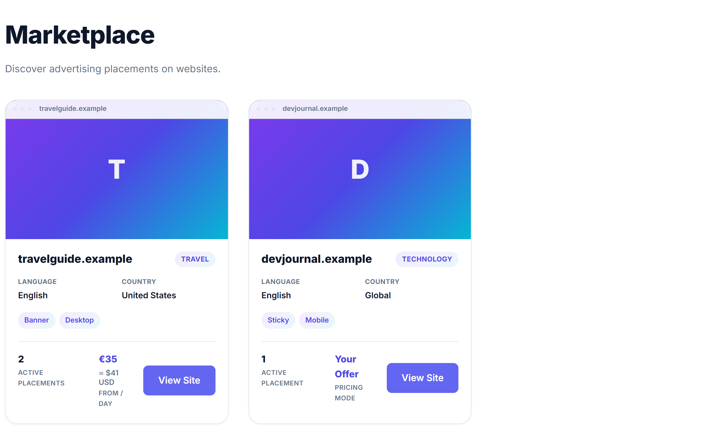 Vybridge Marketplace listing website cards with available advertising placements.