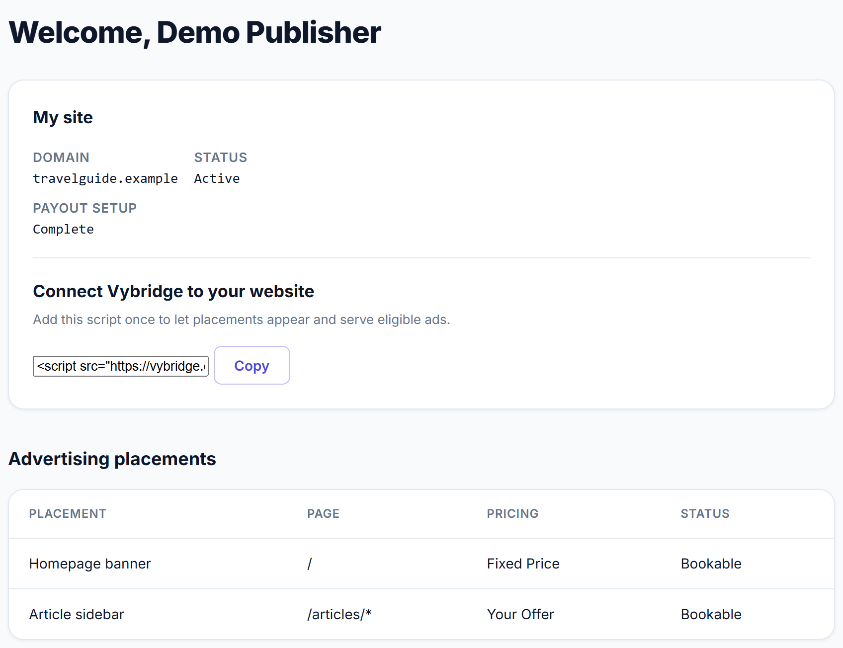 Publisher dashboard showing site details, script install snippet, and advertising placements.