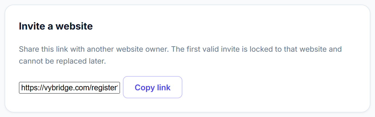Referral invite link to share with website owners.
